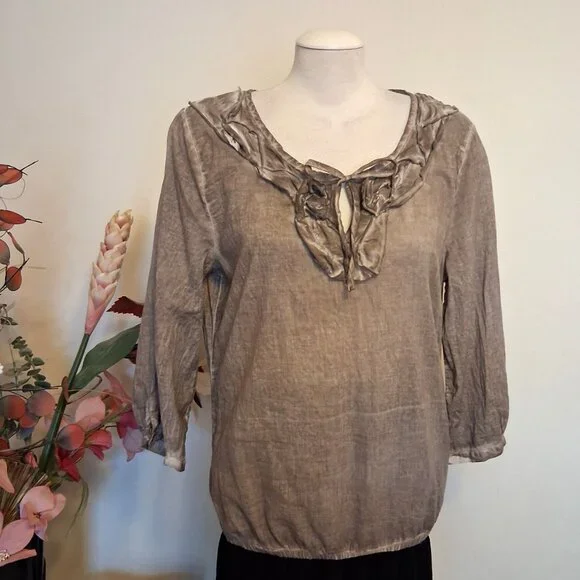 NWOT Monari Women’s Light Brown Ruffle Design Blouse Top ¾ Sleeve Summer Tops 10 - Picture 3 of 14